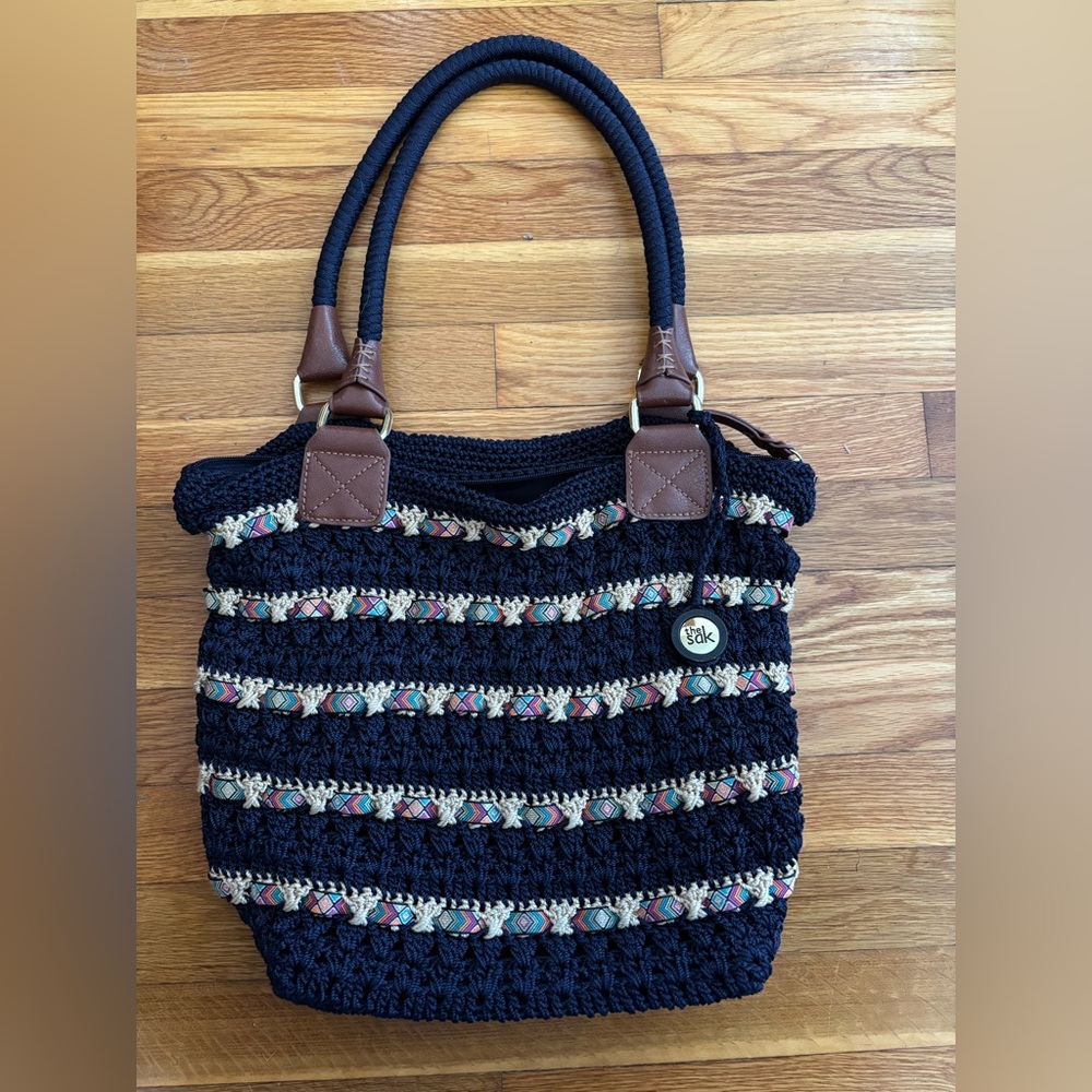 The Sak Navy Blue Crochet Tote with Multicolor Accents